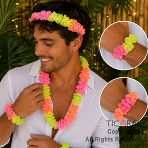 SET HAWAIANO TELA FRUNCIDO FLUO VINCHA COLLAR Y PULSERA (PACK X 10 SET)